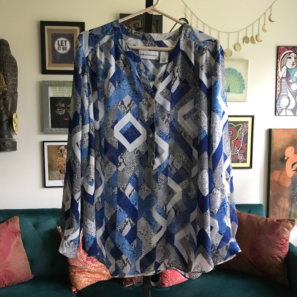 ALFRED DUNNER size 18 Blue White & Gray Reptile Print Chiffon Popover Tunic Top